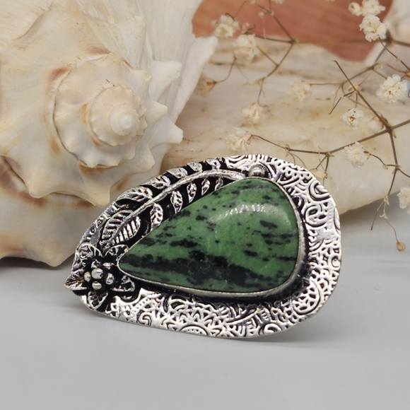 Genuine Green Ruby Zoisite /Anyolite/ Stone Silver 925 Ring - Picture 6 of 11